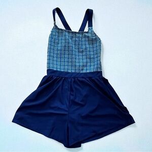 Vintage Jantzen modesty Swimsuit ‎Navy Blue 1 Piece Romper Shorts High Waist-10